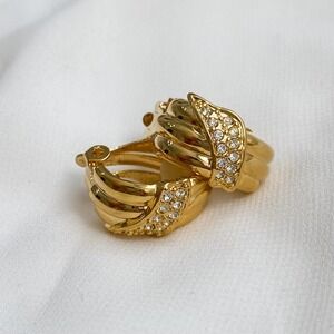 VTG Gold Ribbed Hoop Diamond Earrings
